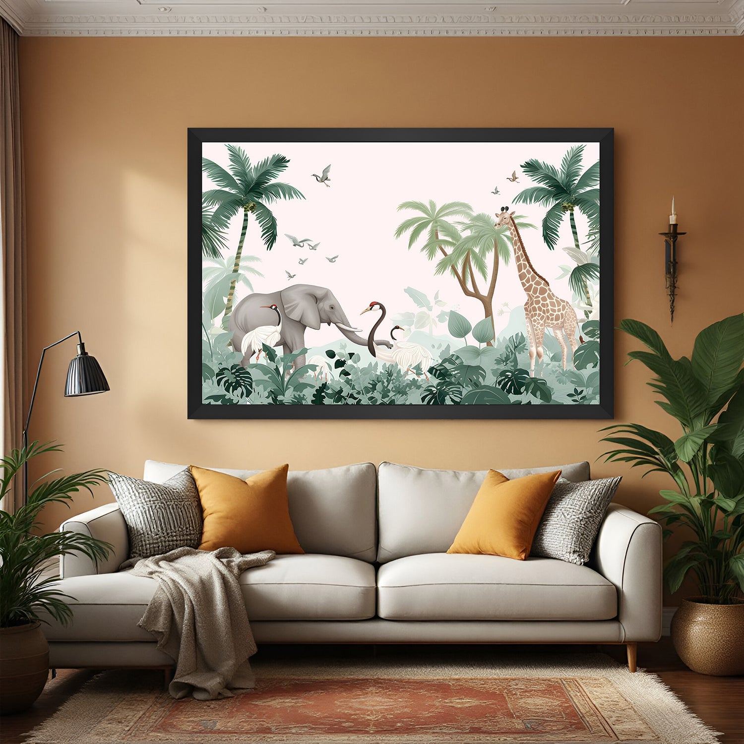 Colorful jungle animal wall art in black floater frame, perfect cheerful artwork for children’s rooms and play areas