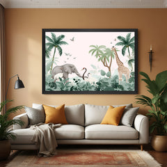 Colorful jungle animal wall art in black floater frame, perfect cheerful artwork for children’s rooms and play areas