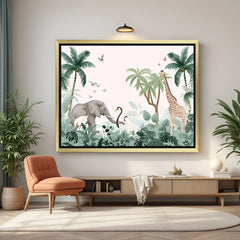 Jungle theme canvas with animals like elephant and giraffe in golden floater frame, ideal for kids bedroom and nursery decor