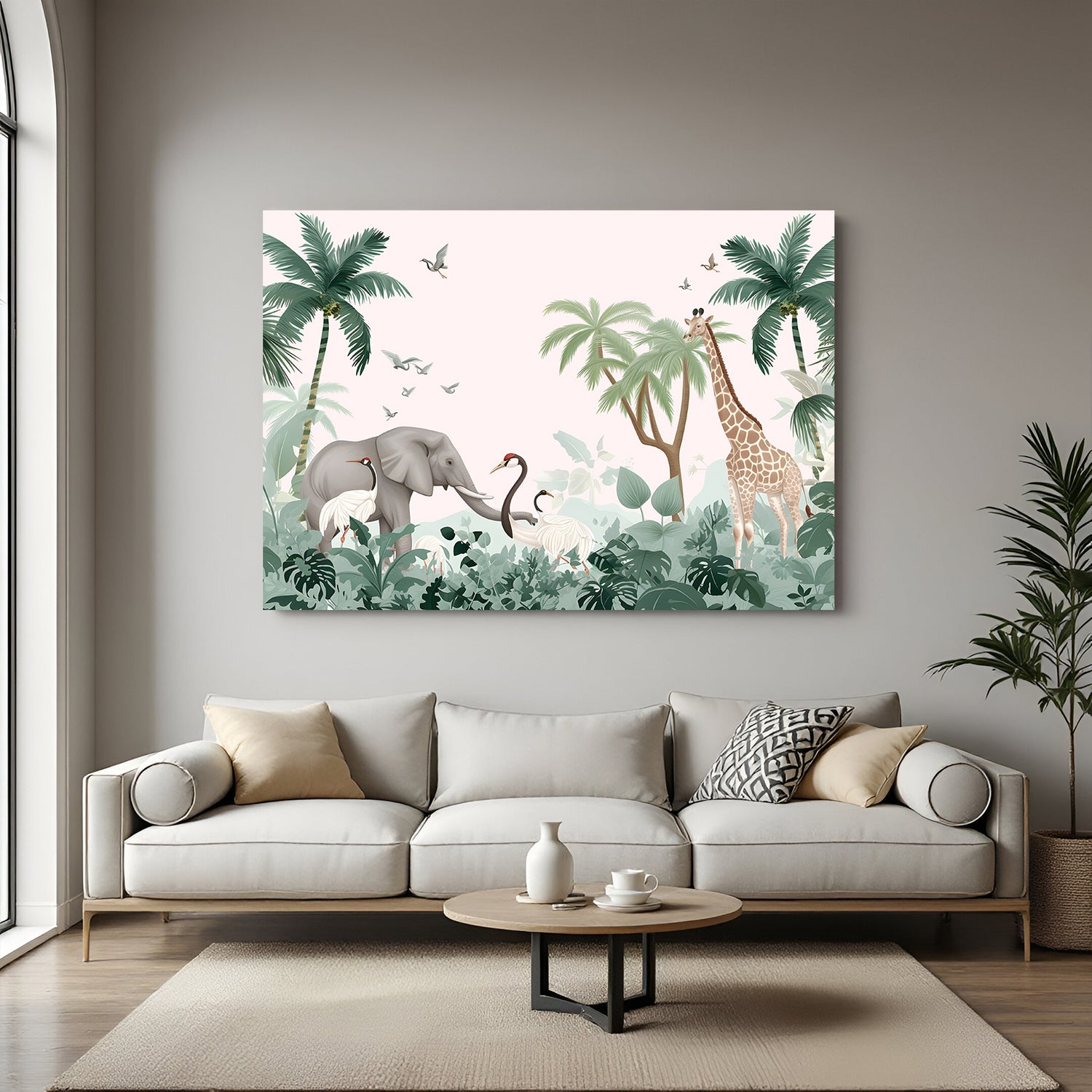 Animated jungle canvas wall art with cute elephant, giraffe, and animals for kids room decor and nursery interiors