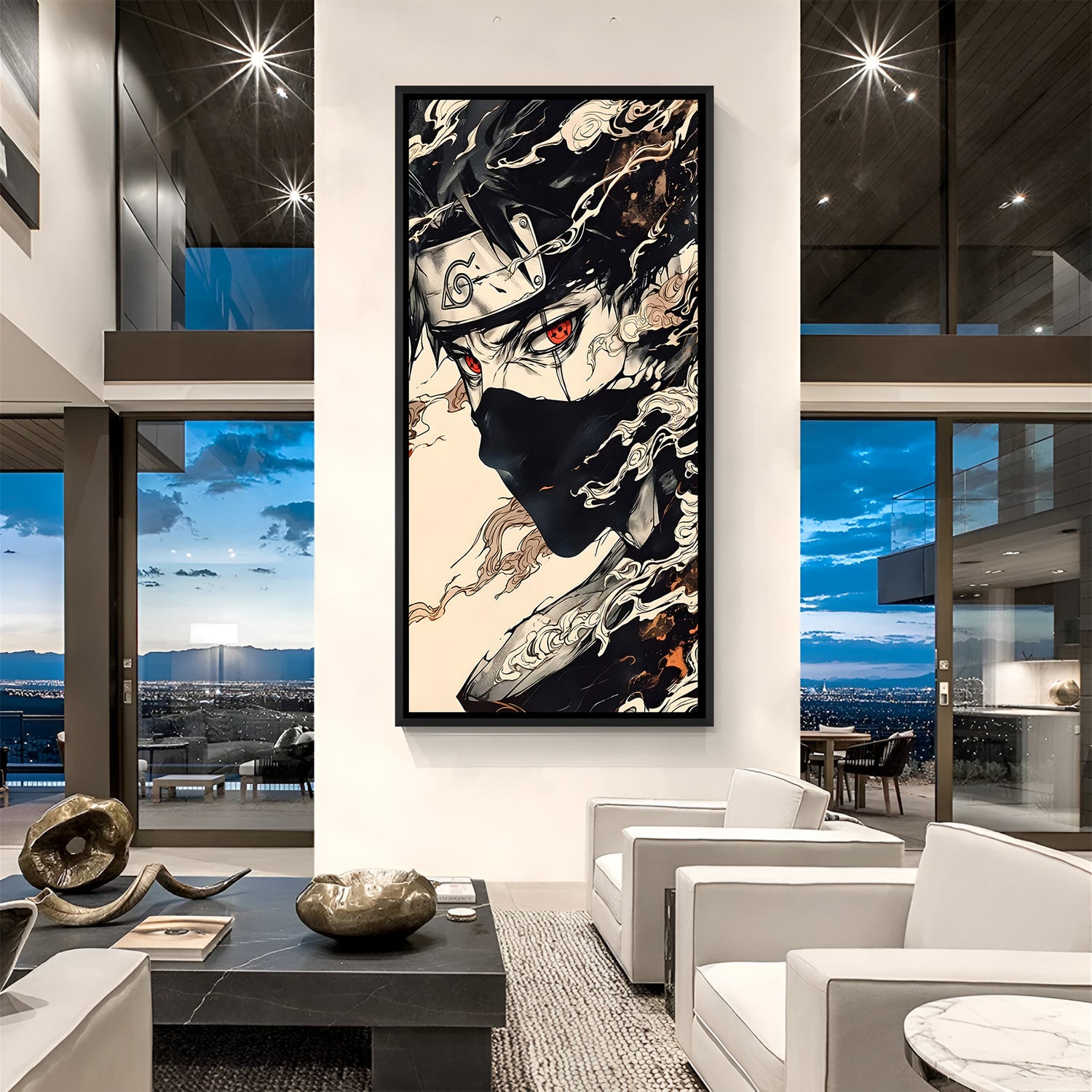 Kakashi Sharingan close-up anime canvas artwork in premium black floater frame