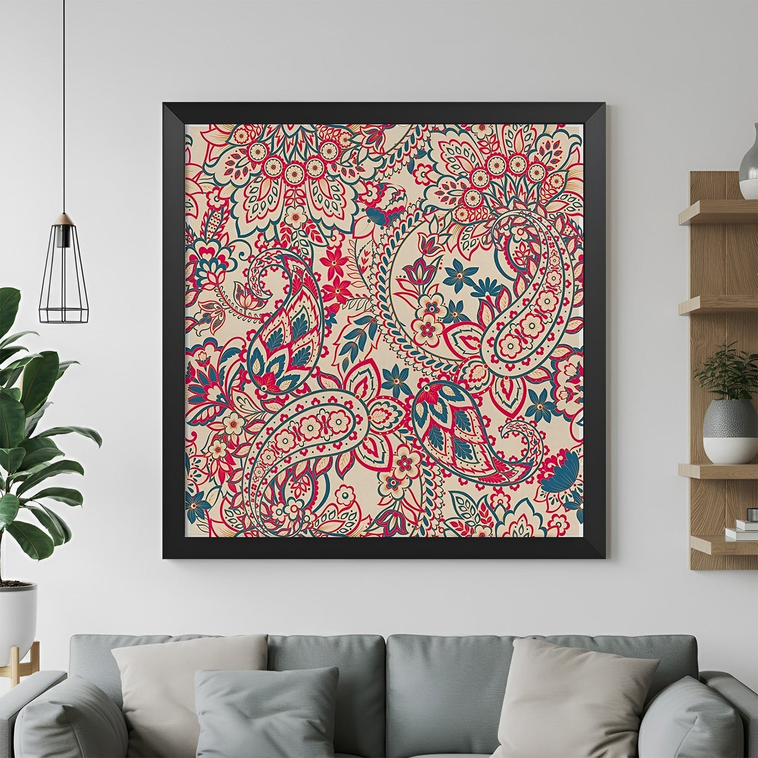 Kalamkari painting in black floater frame featuring vibrant Indian artwork for large modern walls