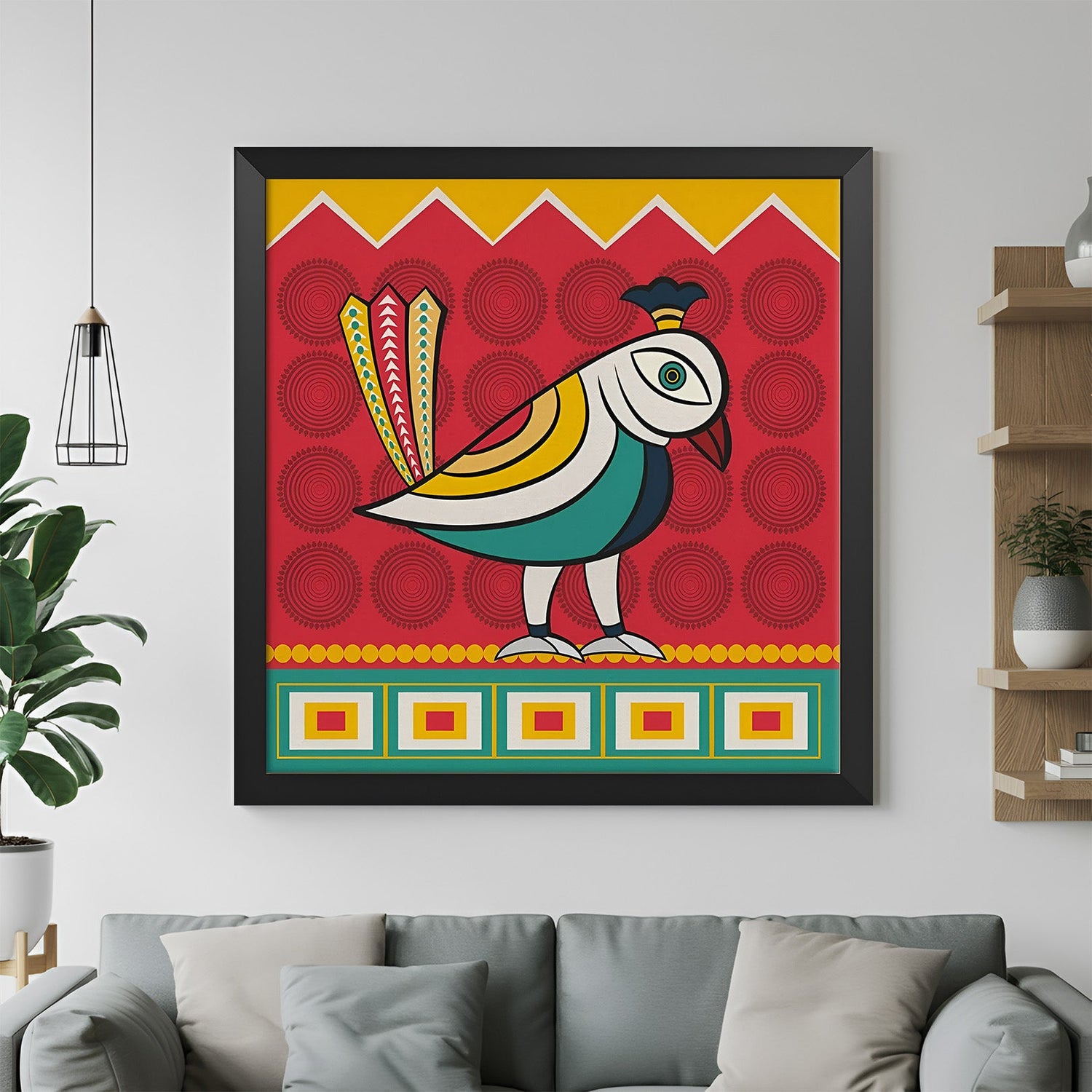 Black floater frame Kalighat bird canvas painting in Indian ethnic style for modern home decoration and cultural interior themes