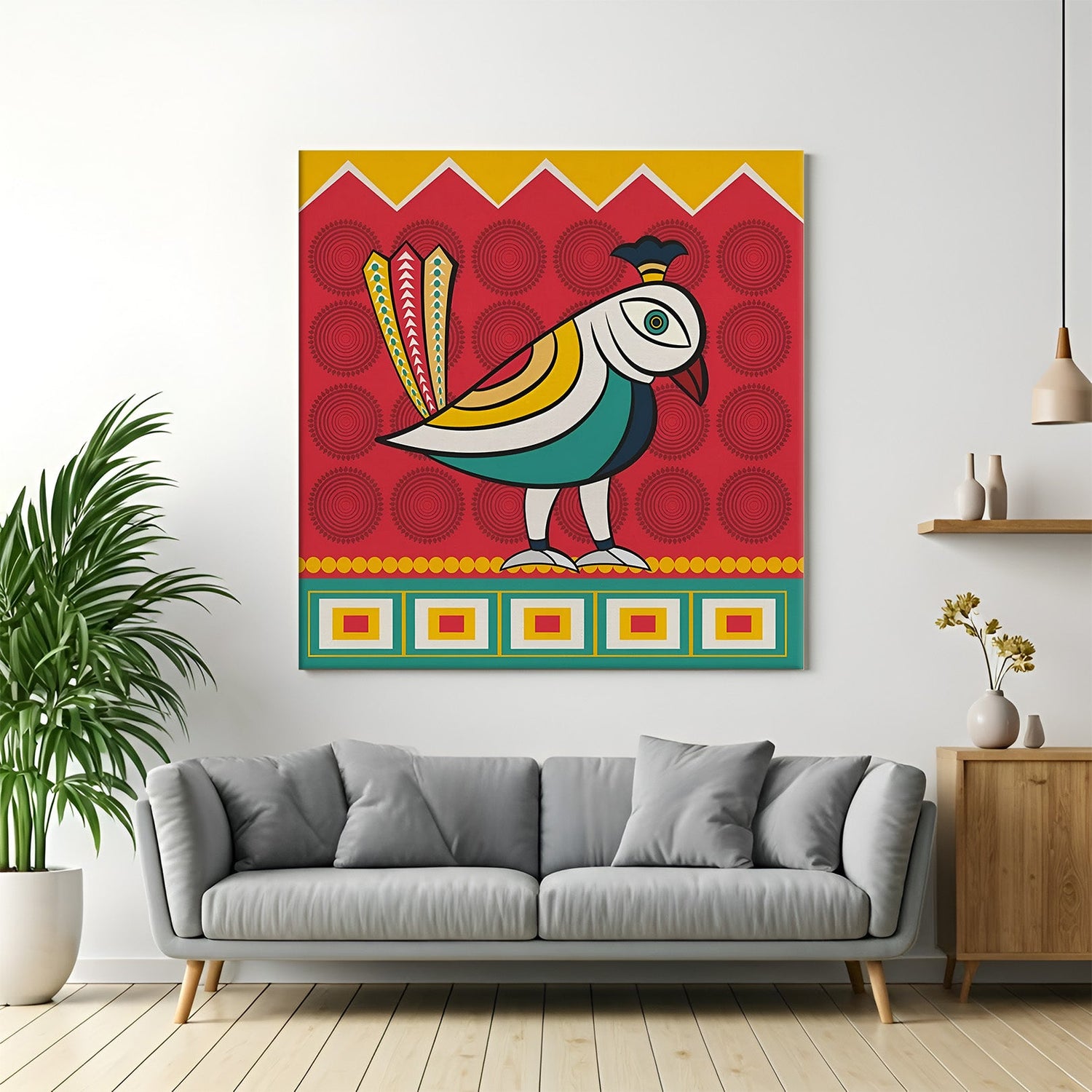 Kalighat bird canvas art in Indian ethnic style for traditional home wall decor and artistic interior spaces