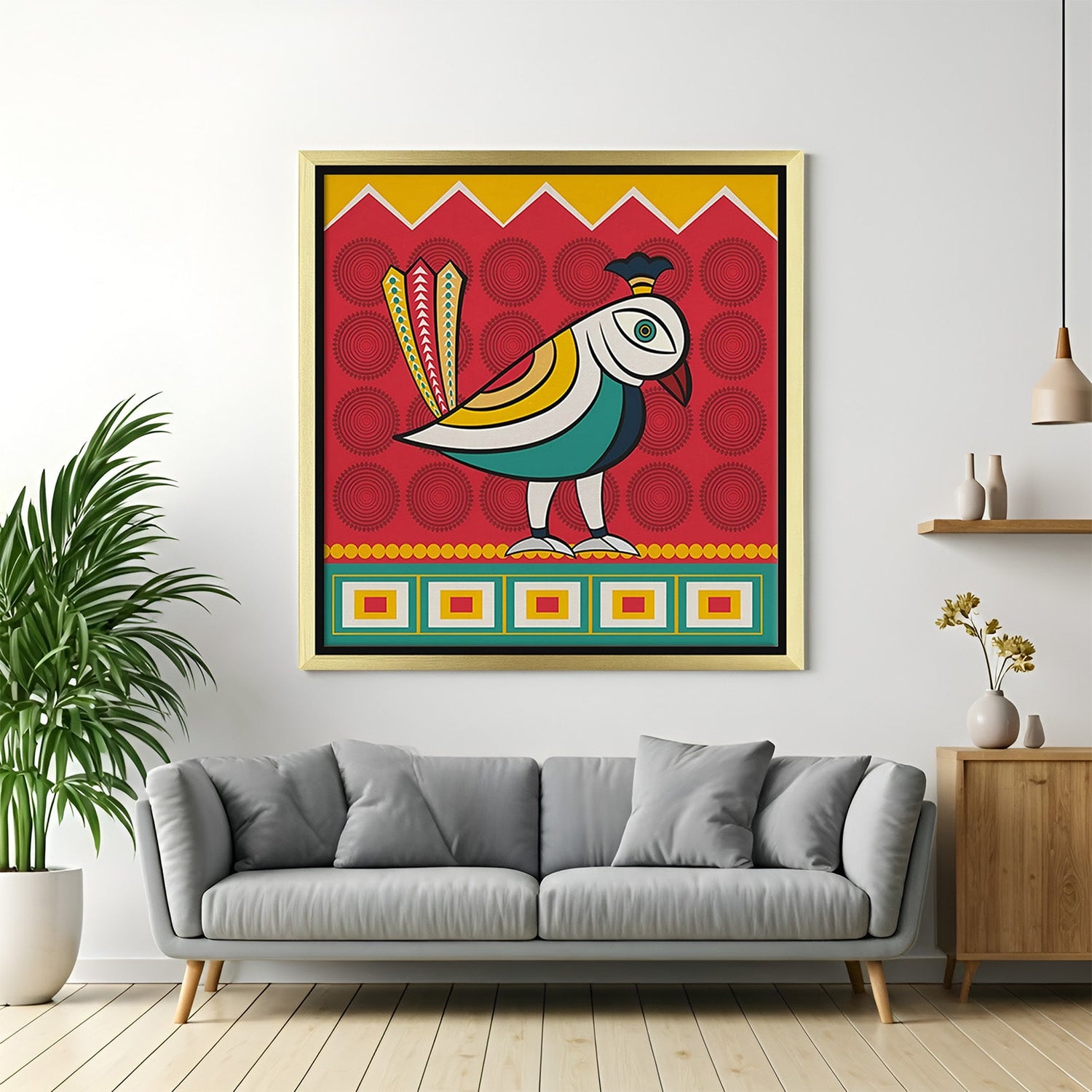 Golden floater frame Kalighat bird wall painting in Indian ethnic artwork style for elegant living room or hallway decor