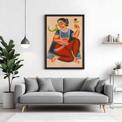 Kalighat canvas wall art painting in black floater frame with traditional Indian artistic expression for living and work spaces