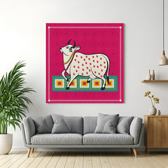 Kalighat cow canvas painting – traditional Bengal folk wall art for ethnic and devotional Indian interior decoration