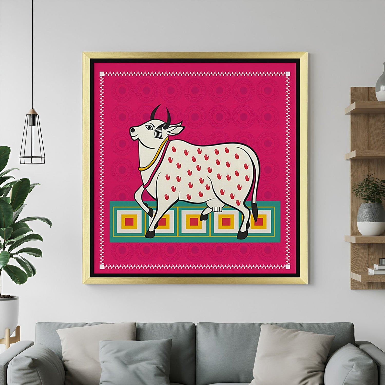 Golden frame Kalighat cow canvas painting – ethnic Indian artwork for Vastu-aligned and artistic interior spaces