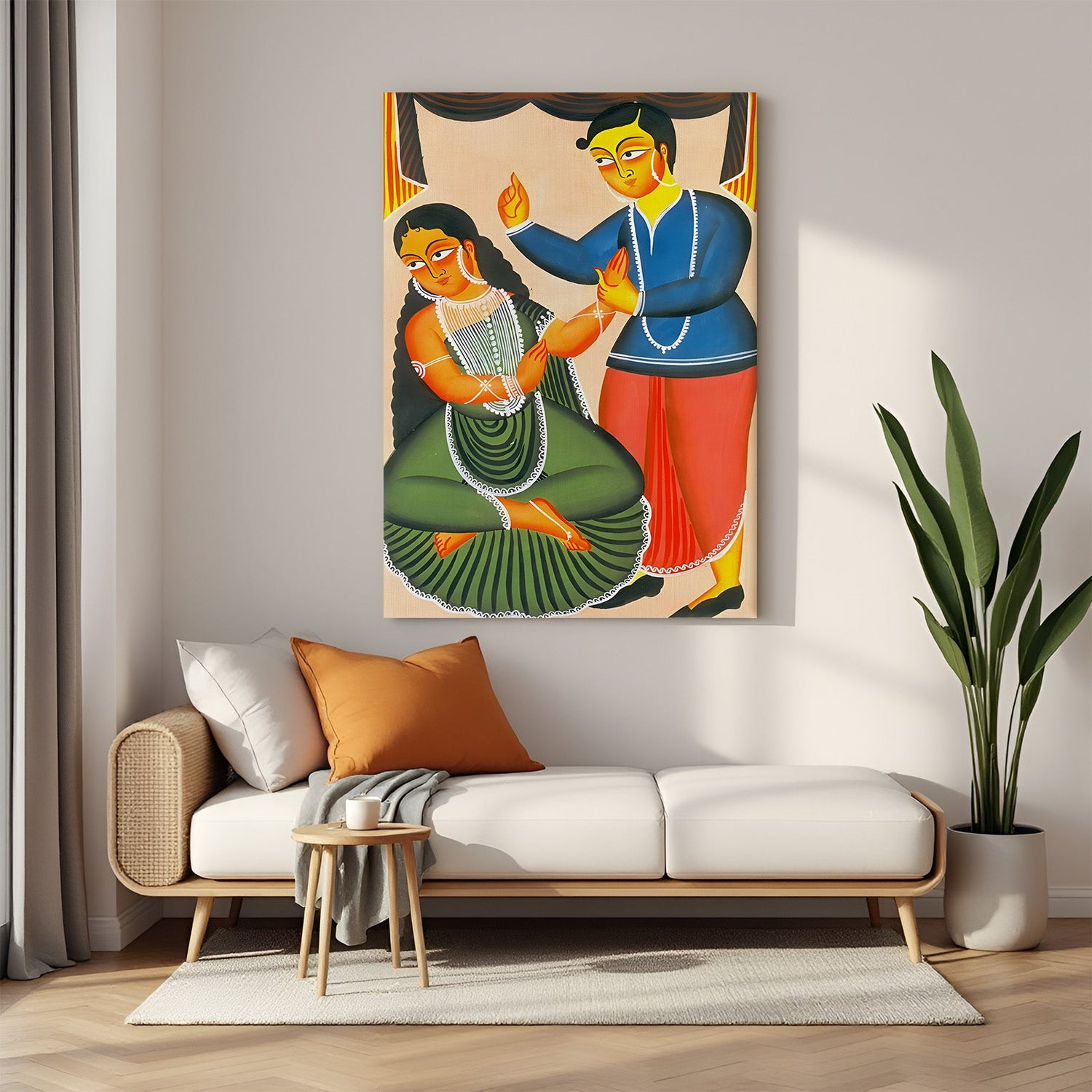 Kalighat Indian canvas painting featuring bold folk characters and expressive brushwork for wall decor
