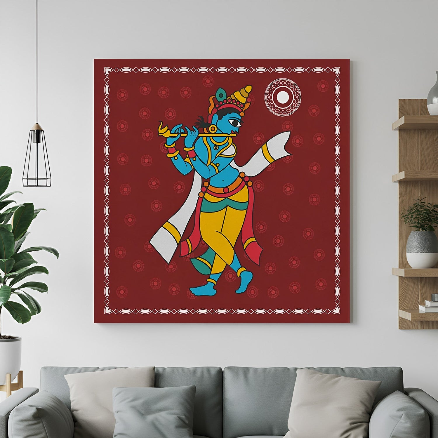 Kalighat Krishna playing flute canvas painting in traditional Indian ethnic style for home decor