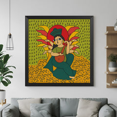 Black floater frame Kalighat Patachitra wall painting in traditional Indian folk art for cultural and ethnic interior decor