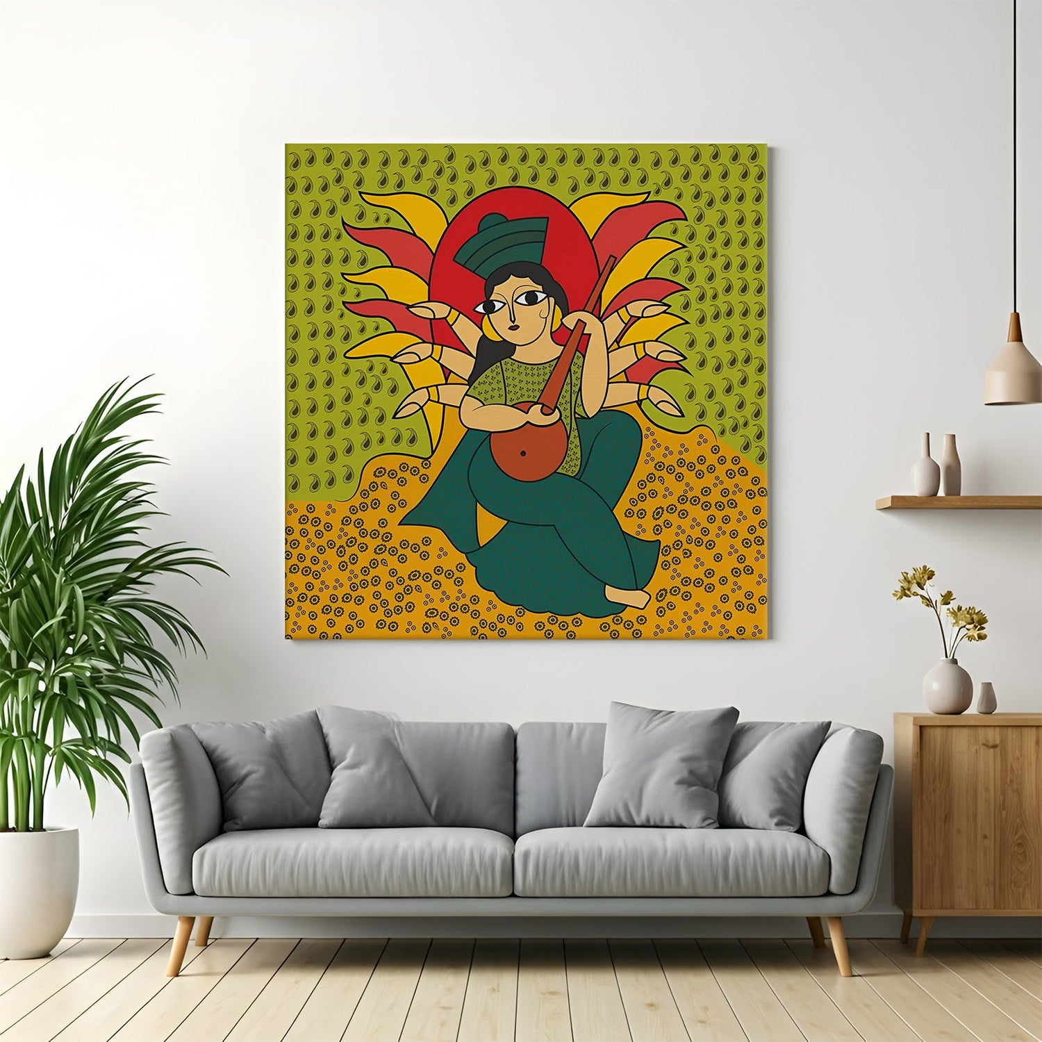 Kalighat Patachitra canvas painting in Indian folk art style for traditional and rustic home wall decor