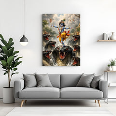 Lord Krishna dancing on Kaliya snake heads canvas wall art in canvas wrapped frame mythological divine scene