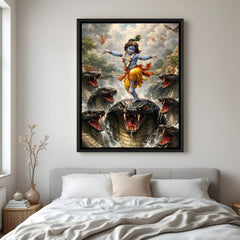 Krishna Kaliya Nag dance victory artwork in elegant black floater frame spiritual mythological canvas decor