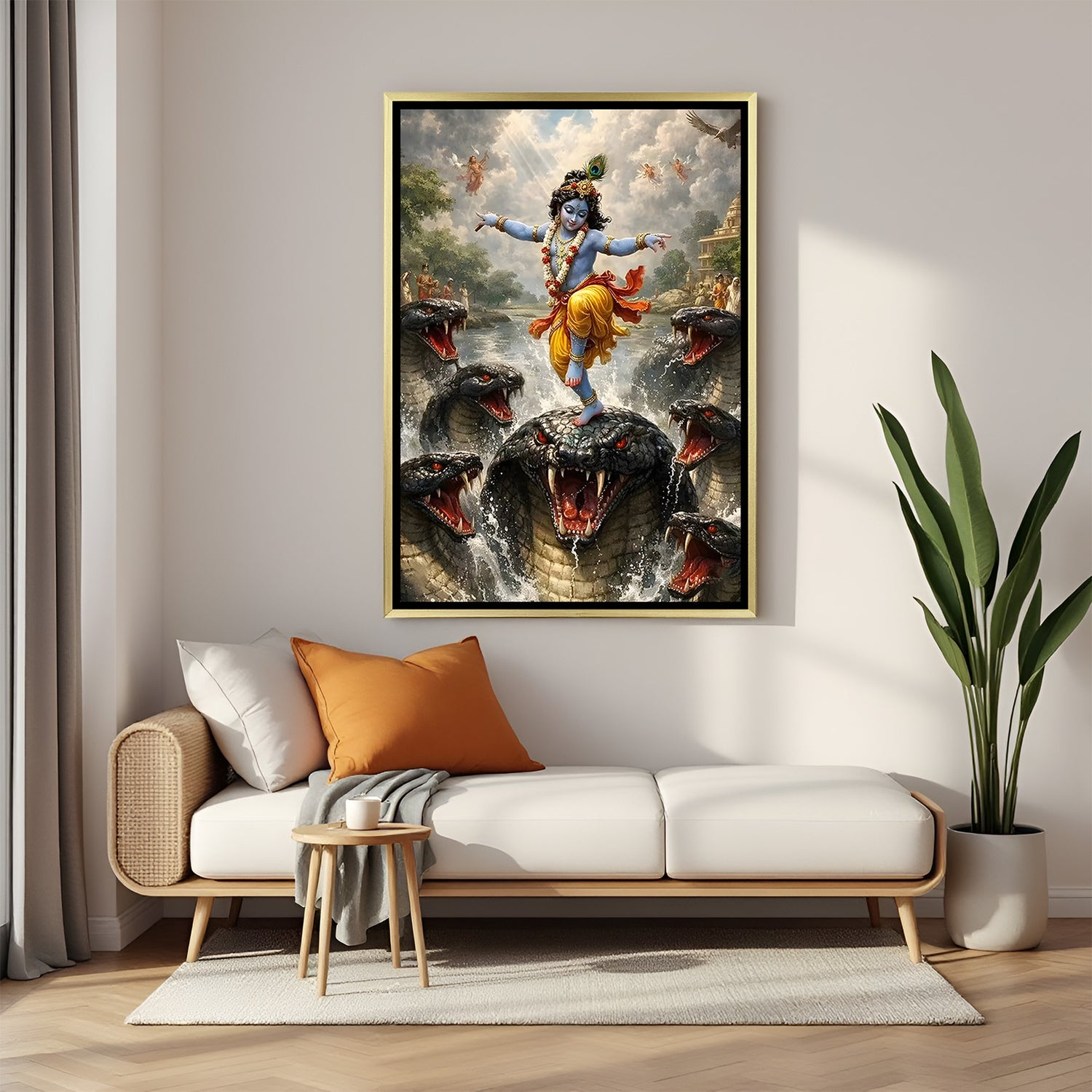 Divine Lord Krishna dancing on Kaliya snake in luxurious golden floater frame mythological canvas art