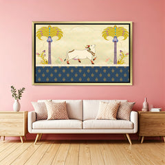 Kamadhenu sacred cow canvas art in golden floater frame for spiritual and Vastu Indian home decor