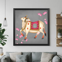 Black floater frame Kamdhenu Pichwai cow canvas for spiritual and ethnic wall decor