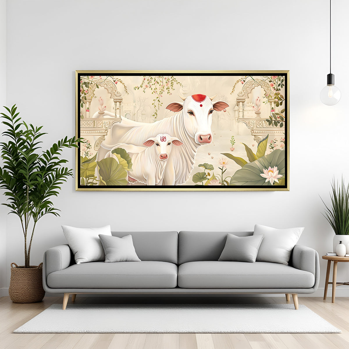 Traditional Pichwai Kamdhenu cow artwork in gold frame featuring lotus flowers and ornate arches.
