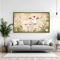 Traditional Pichwai Kamdhenu cow artwork in gold frame featuring lotus flowers and ornate arches.