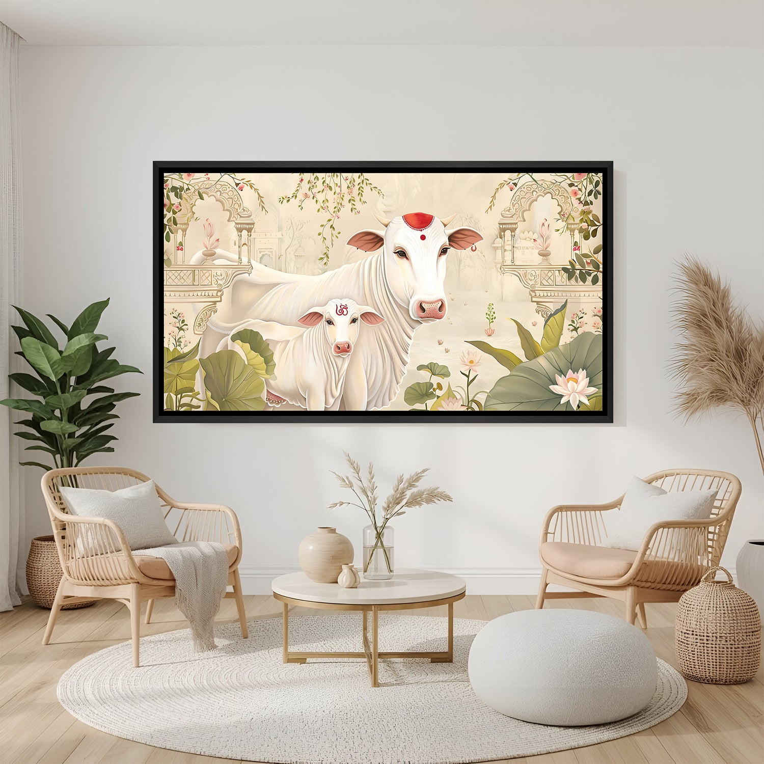 Sacred Kamdhenu and calf lotus wall art in black frame displayed on teal accent wall.