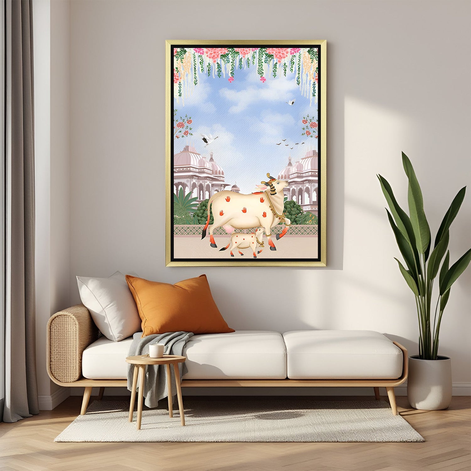 Golden frame Kamdhenu Pichwai canvas with calf for traditional spiritual decor