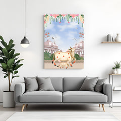 Kamdhenu cow with calf Pichwai canvas wall art for temple and home decor