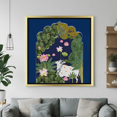 Kamdhenu cow Pichwai canvas in golden frame – sacred Vastu canvas painting for elegant and devotional wall decor