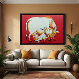 Hand painted Kamdhenu cow with calf artwork in black floater frame – original Vastu canvas wall art
