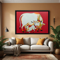 Hand painted Kamdhenu cow with calf artwork in black floater frame – original Vastu canvas wall art