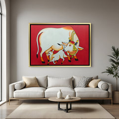 Kamdhenu cow with calf hand painting in golden floater frame – spiritual canvas artwork for home décor