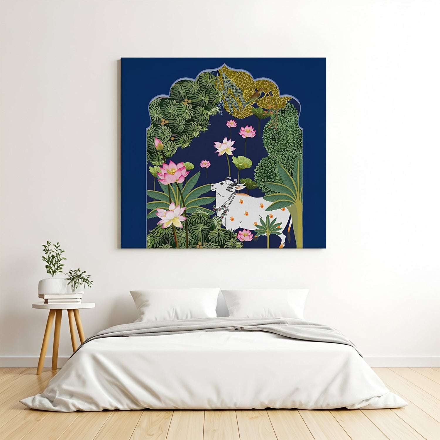 Kamdhenu cow Pichwai canvas painting – spiritual and Vastu-inspired artwork for divine home and office wall decor