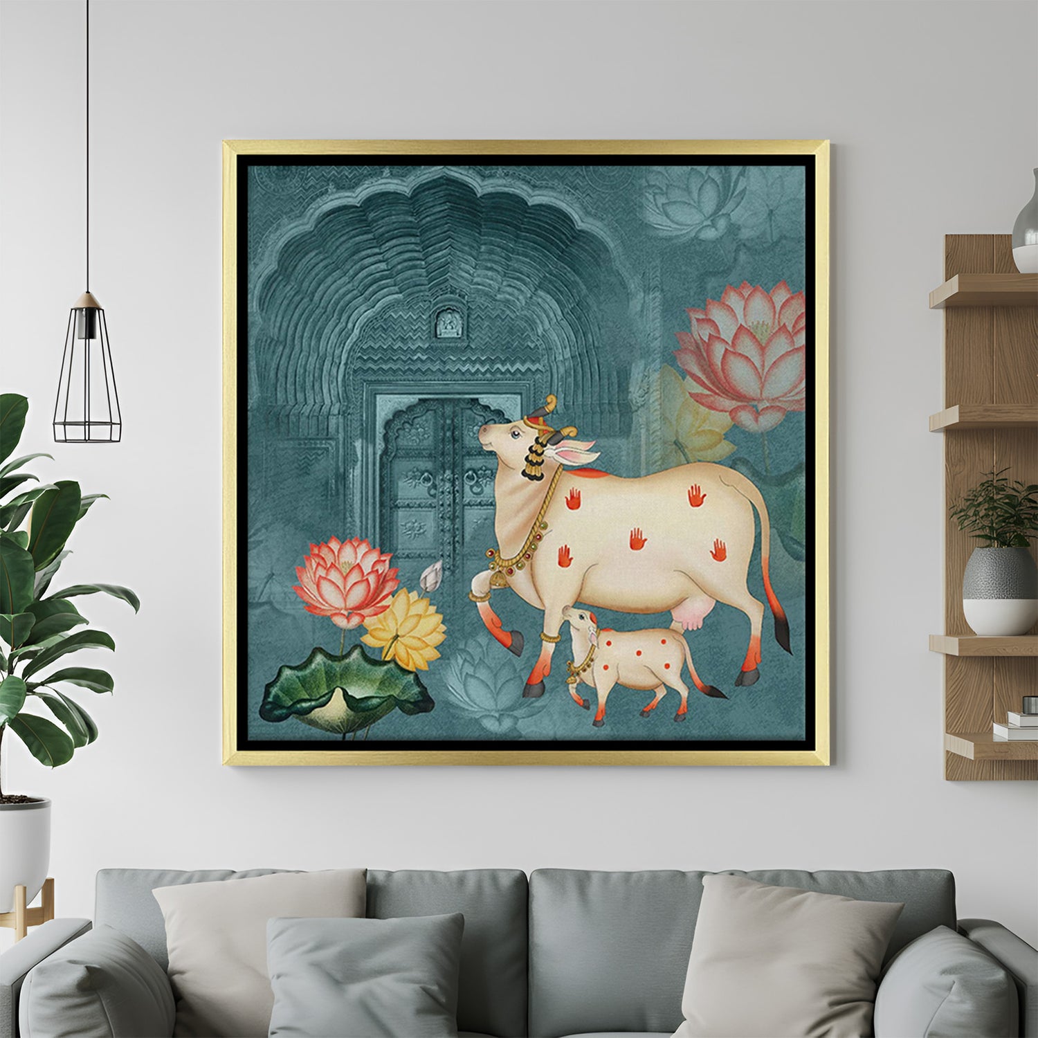 Kamdhenu pichwai painting in golden floater frame for Indian home decor with divine energy, vastu symbolism, and spiritual blessings for peace