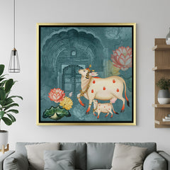 Kamdhenu pichwai painting in golden floater frame for Indian home decor with divine energy, vastu symbolism, and spiritual blessings for peace
