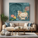 Kamdhenu cow pichwai painting canvas wall art for home and office with sacred symbolism, traditional detailing, and vastu benefits for prosperity