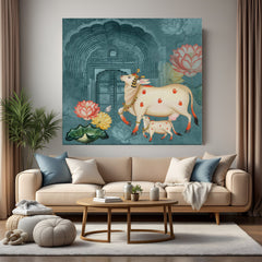 Kamdhenu cow pichwai painting canvas wall art for home and office with sacred symbolism, traditional detailing, and vastu benefits for prosperity