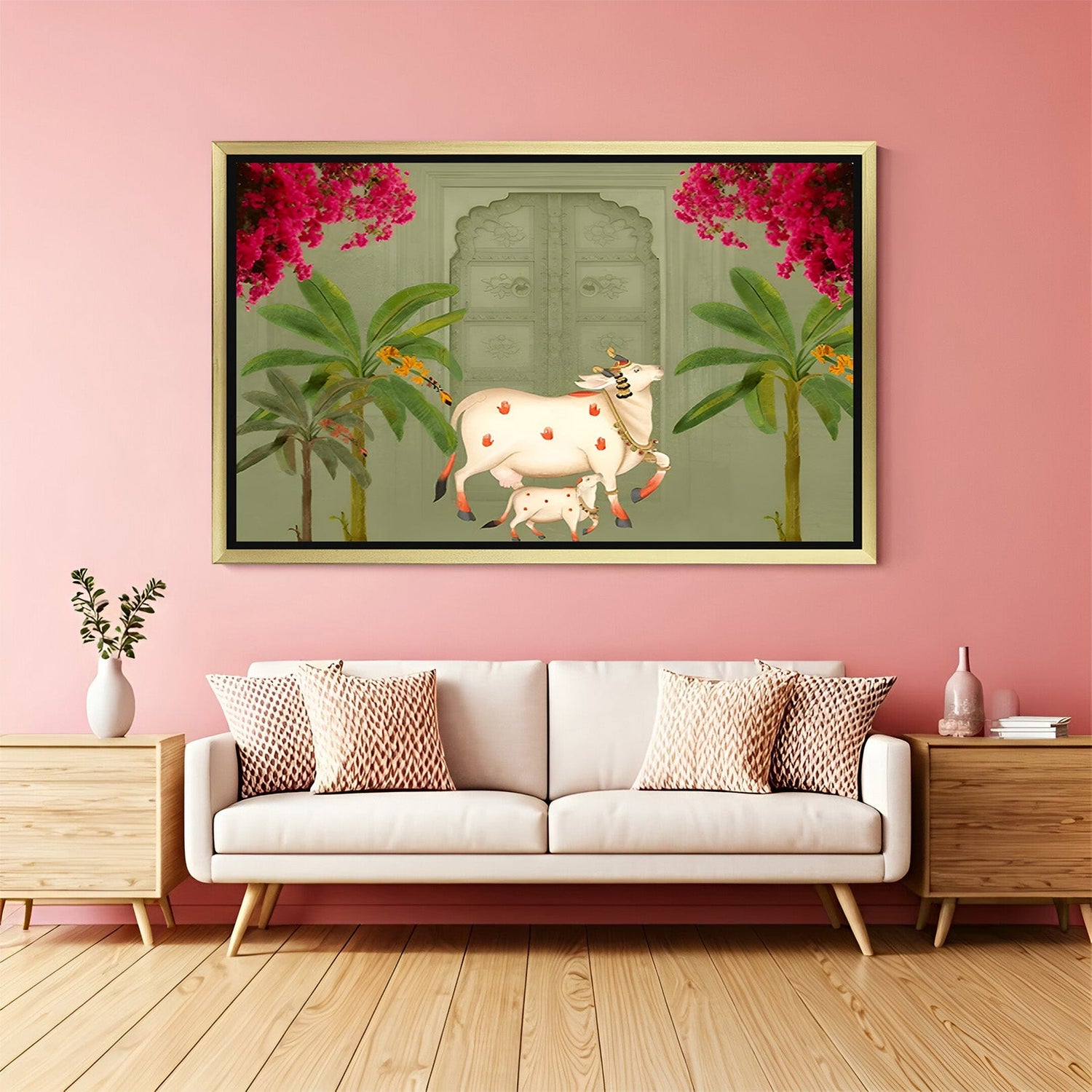 Golden frame Kamdhenu cow and calf canvas wall art for Vastu-aligned spiritual spaces
