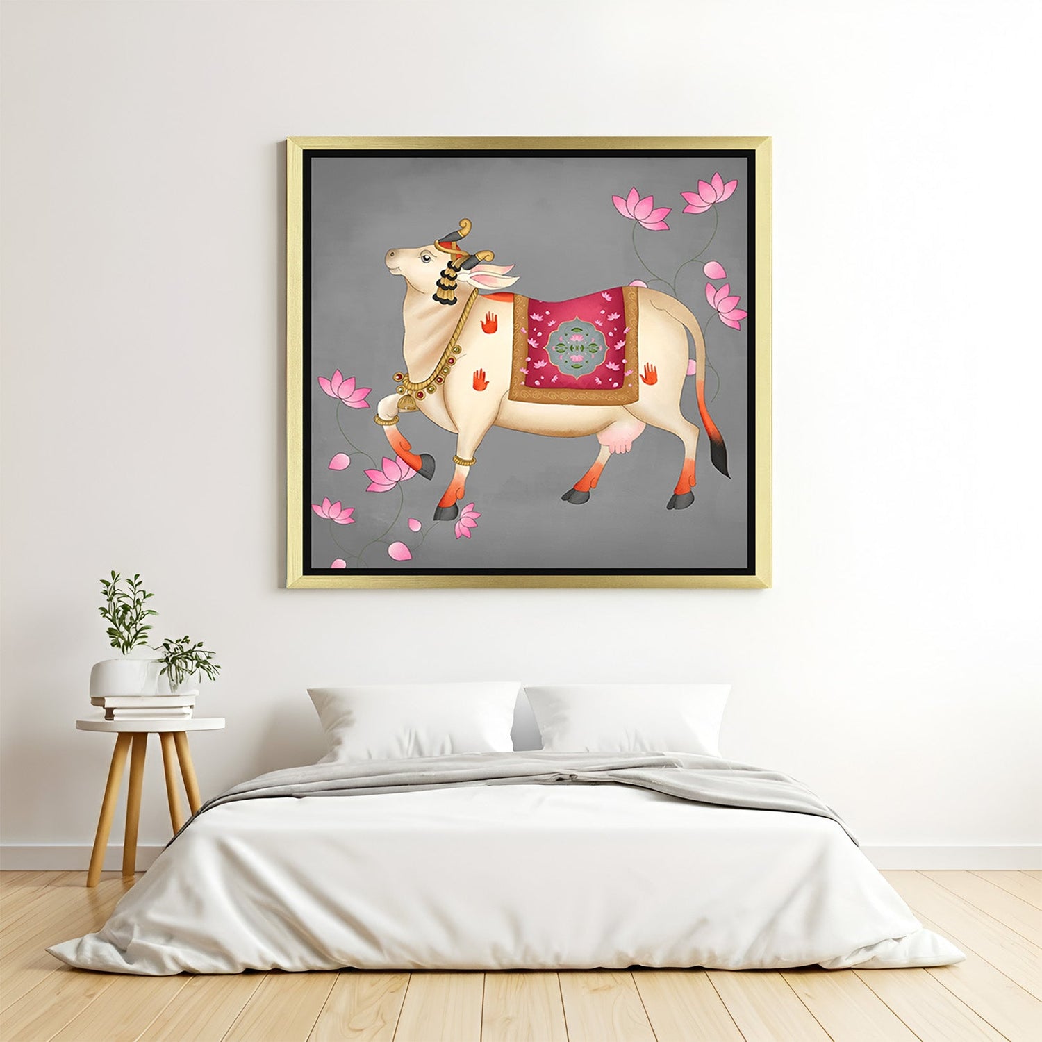 Golden floater frame Kamdhenu Pichwai cow wall art for Vastu and traditional interiors