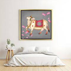 Golden floater frame Kamdhenu Pichwai cow wall art for Vastu and traditional interiors