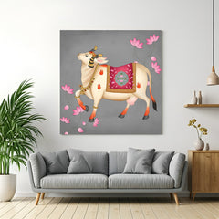 Kamdhenu cow with lotus Pichwai canvas painting for Vastu and Indian home decor