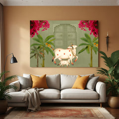 Kamdhenu Pichwai canvas wall art with divine cow and calf for spiritual Indian interiors