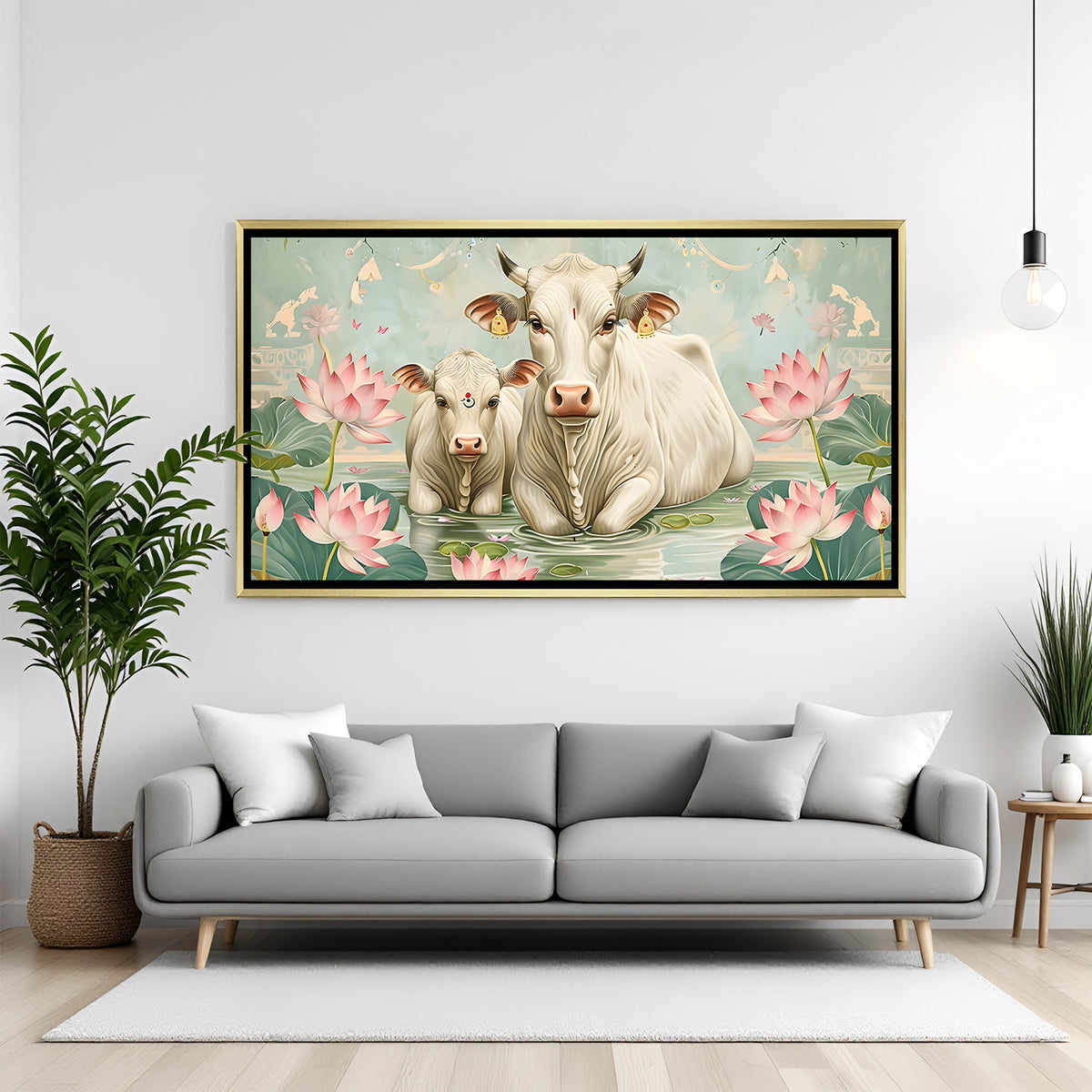 Elegant Kamdhenu Pichwai cow wall art in gold frame featuring lotus pond and sacred motifs.