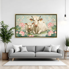 Elegant Kamdhenu Pichwai cow wall art in gold frame featuring lotus pond and sacred motifs.