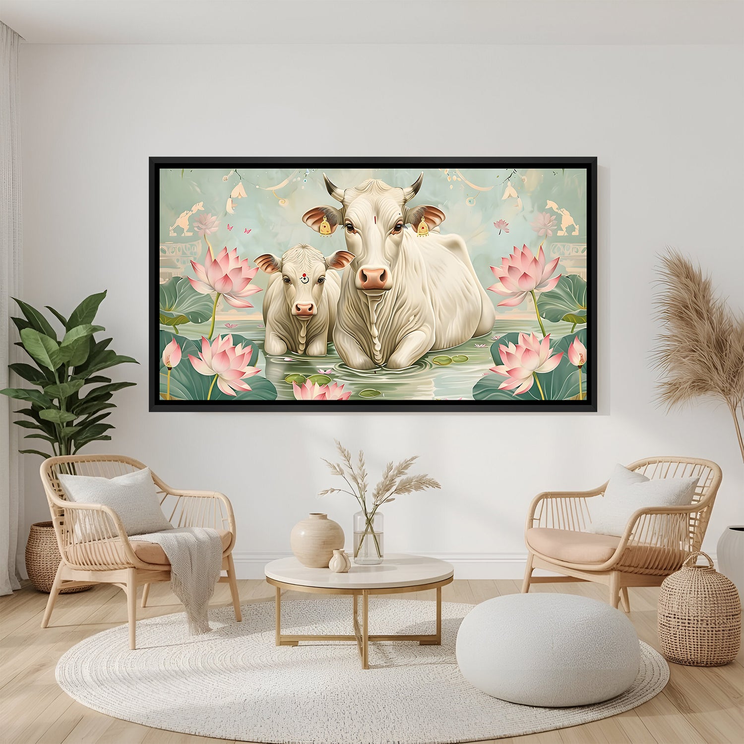 Traditional Pichwai cow and calf artwork in black frame displayed on modern teal accent wall.