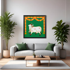 Kamdhenu Wall Art in black floater frame for Vastu-based decor, enhancing home and office spaces with sacred harmony and positive energy