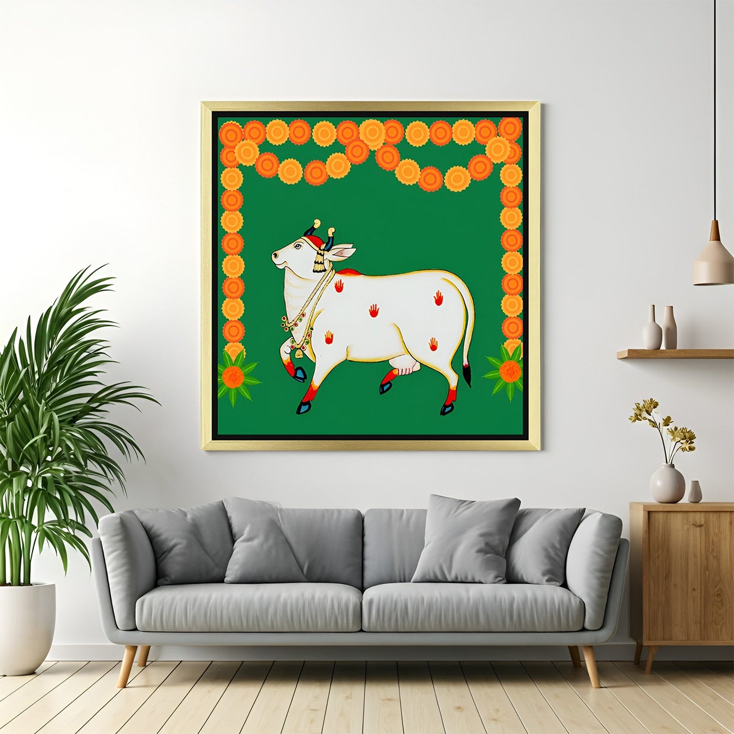 Golden floater frame Kamdhenu Canvas Painting for home and office, attracting peace, protection, and divine abundance as per Vastu