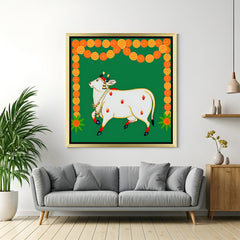 Golden floater frame Kamdhenu Canvas Painting for home and office, attracting peace, protection, and divine abundance as per Vastu