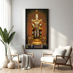 Traditional Lord Venkateswara artwork with floral garlands in elegant black floater frame