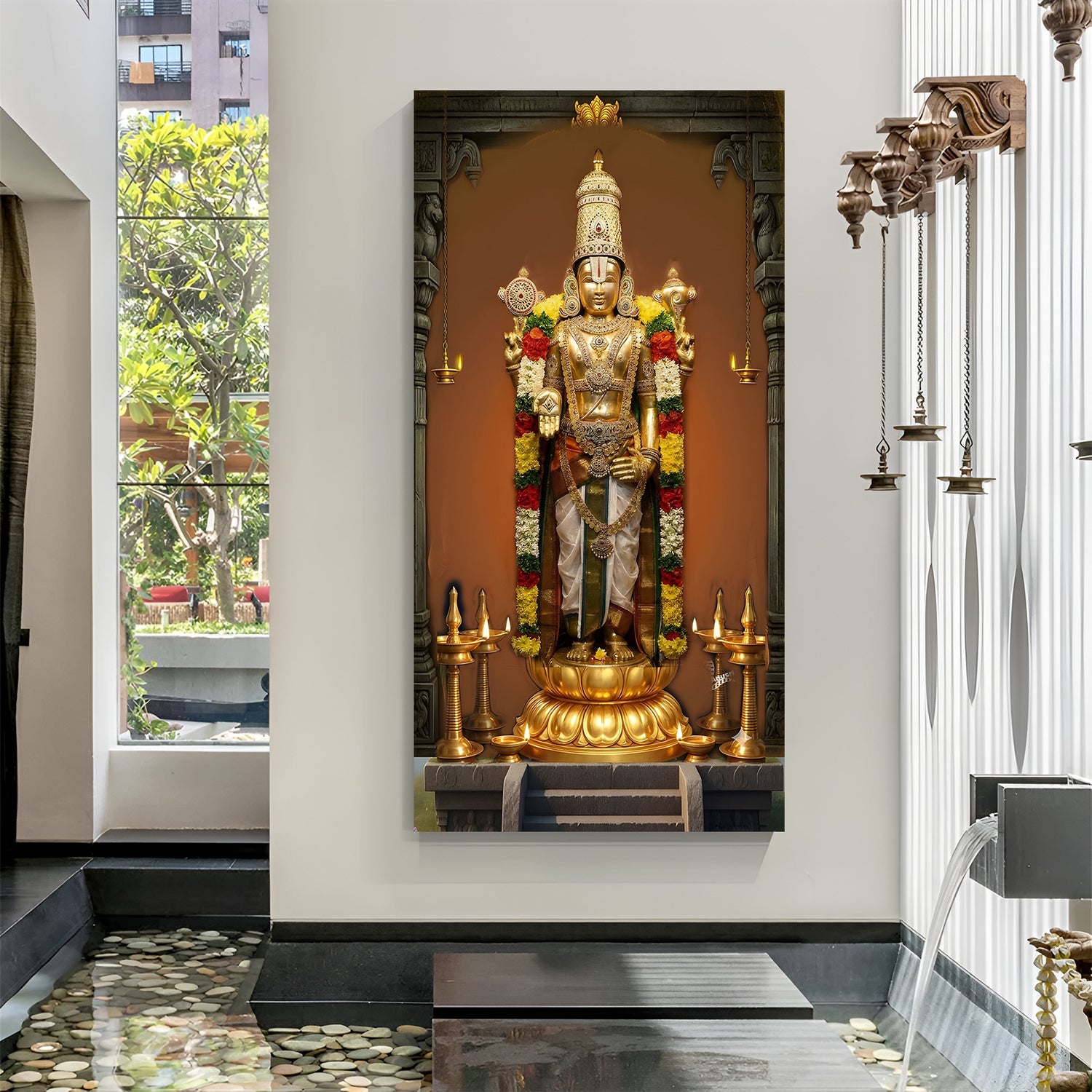 High-resolution Tirupati Balaji canvas painting with golden attire and flower garlands in premium canvas wrapped frame