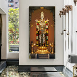 High-resolution Tirupati Balaji canvas painting with golden attire and flower garlands in premium canvas wrapped frame