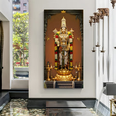 High-resolution Tirupati Balaji canvas painting with golden attire and flower garlands in premium canvas wrapped frame